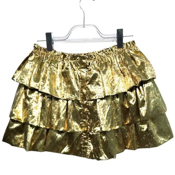 LoveShackFancy Kylie Mini Skirt Miami Glow Gold Lame Tiered Ruffle Size 69 NEW - Picture 2 of 12